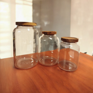 Set x3 uni. Frascos Redondos Con Tapa De Madera De Acacia